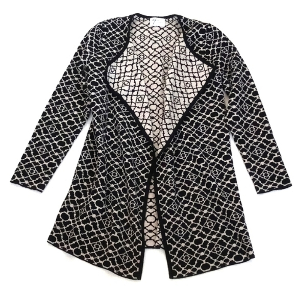 Andrea Jovine Women's Black Cream Long Sleeve Nylon Blend Open Cardigan Duster L